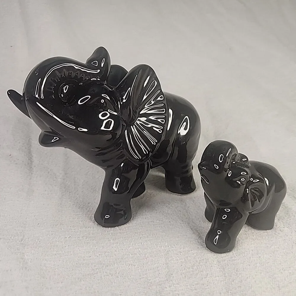 Elephant Figurine Black Ceramic Mother Baby Trunks Up Glossy Vintage MCM